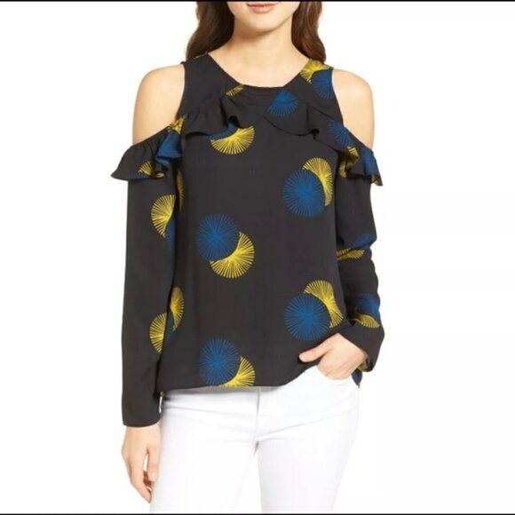 Trouve | Black Blue Yellow Starburst Cold Shoulder Ruffle Detail Blouse Size XS - Picture 2 of 8
